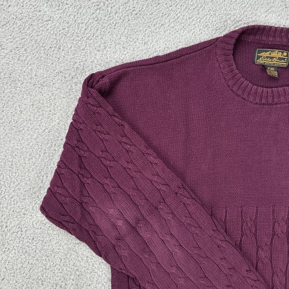 VTG 90s Eddie Bauer Cable Knit Cotton Sweater Men XL Plum Grandpa Heavyweight - Picture 9 of 16